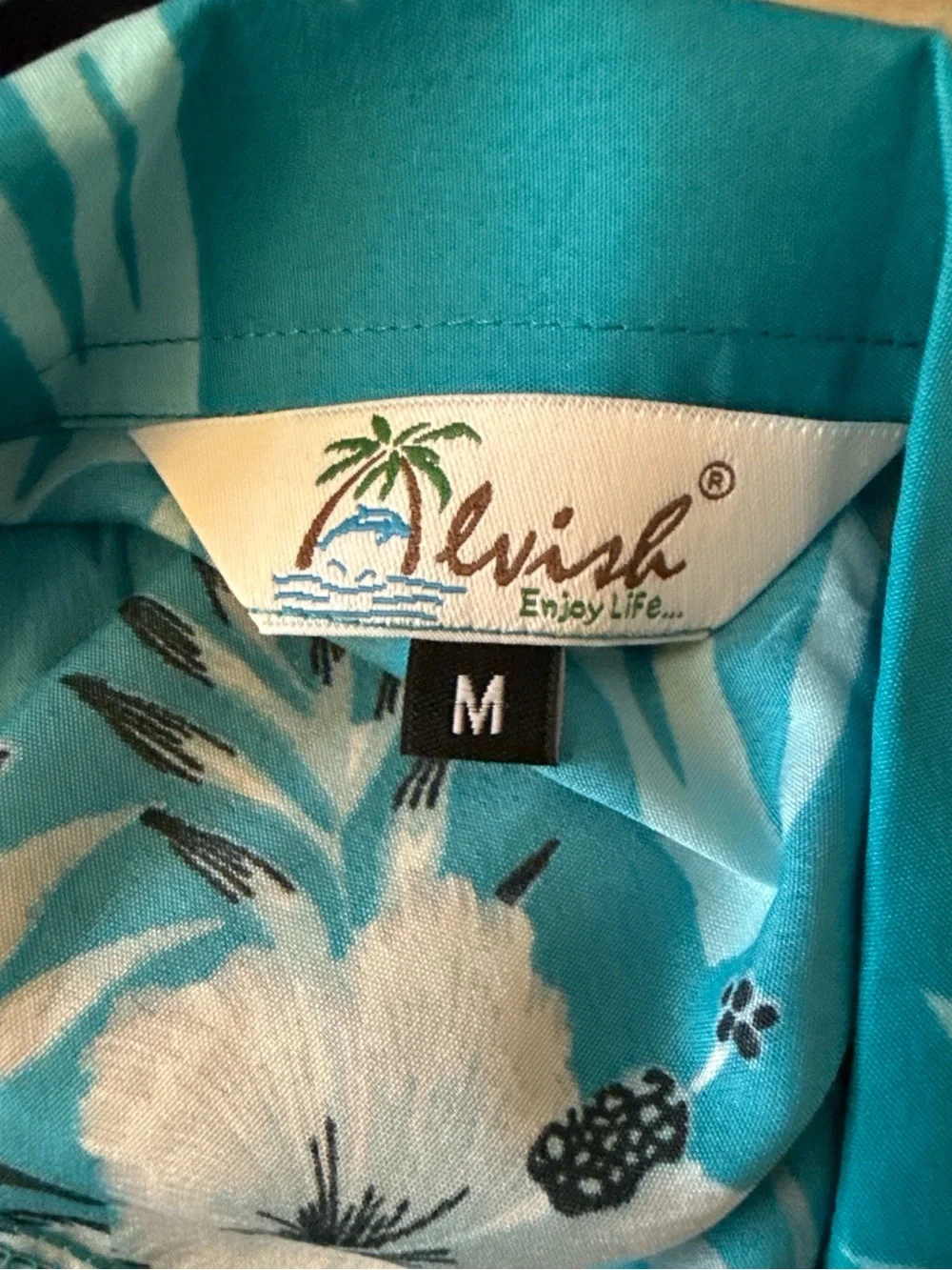Alvish Turquoise Hawaiian Aloha Camp Shirt Men’s Medium Floral Bamboo Print